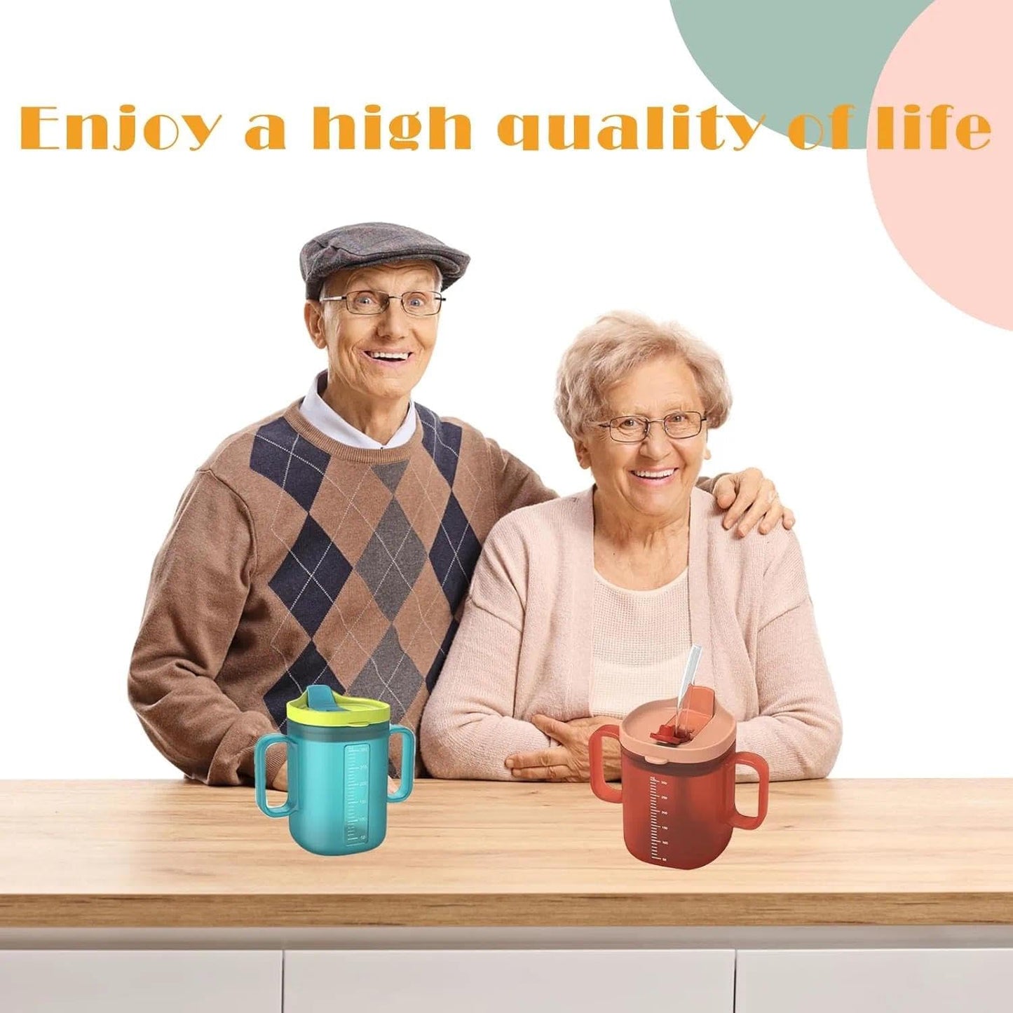 JFGLORIX Spill Proof Sippy Cups for Seniors & Adults -10.2oz(300ml) Non-Spill Cups with 2 Handles & Straw Lid, Elderly Drinking Cups for Patients, Disabled, Pregnant Women, Dishwasher Safe (Orange)
