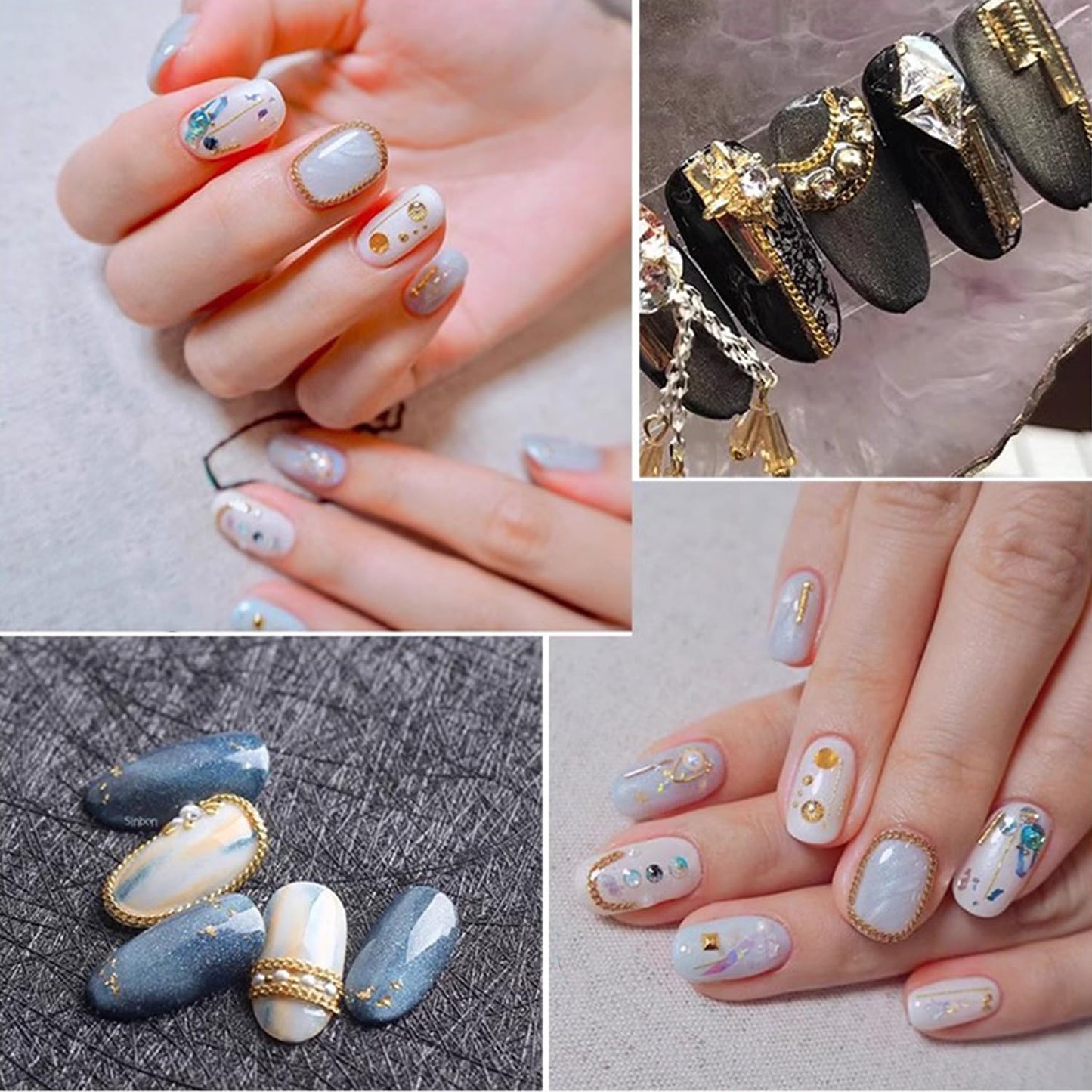 JERCLITY 9 Strips 19.7in Gold Silver Nail Chains for Nail Art 3D Gold Silver Nail Charms Metal Nail Art Chains Punk Nail Charms Accessories for Women Nail Art