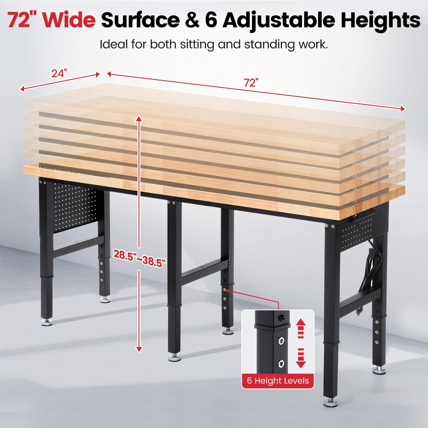 ENJOYWOOD Workbench 72 x 24 Inch Heavy Duty Adjustable Height Work Table with Power Outlets & Extended Pegboard 5000 lbs Load Capacity for Garage, Workshop, Home, Office