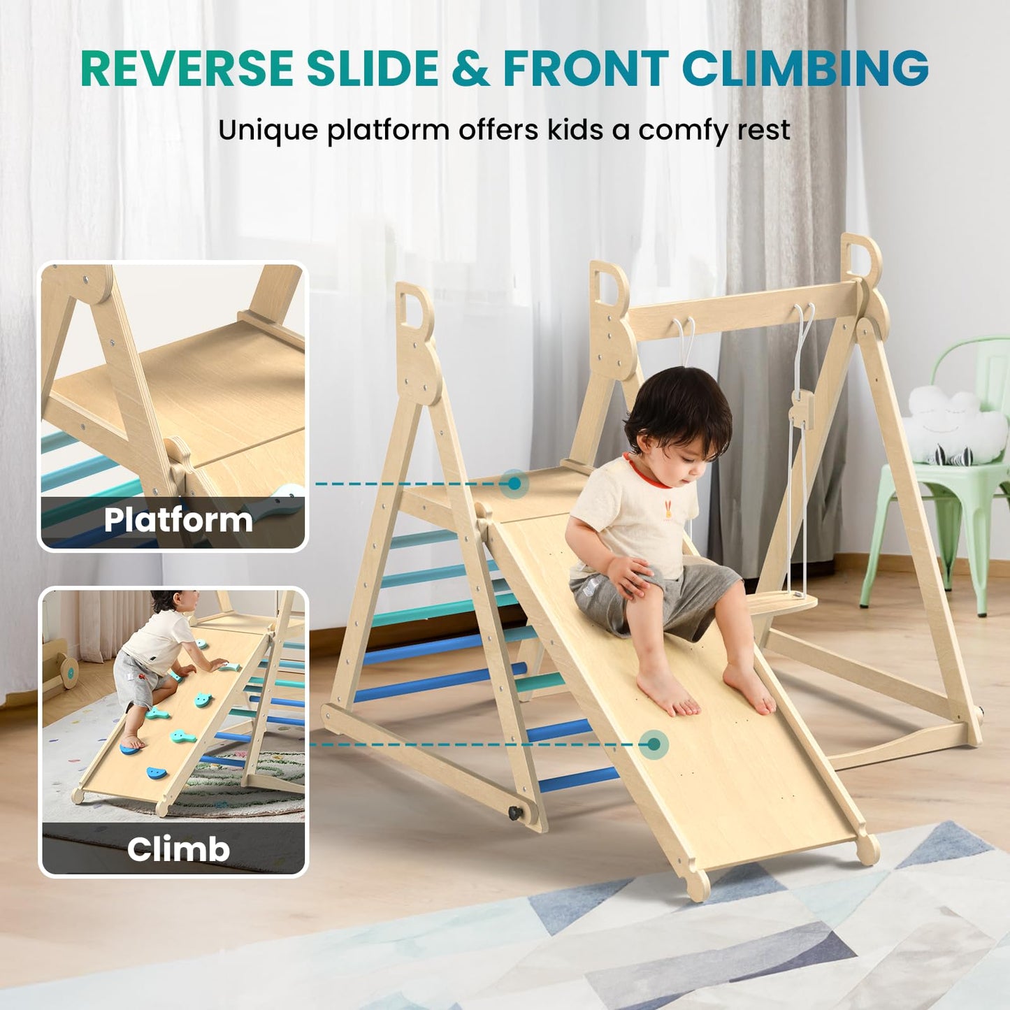 BlueWood 4 in 1 Indoor Jungle Gym, Foldable Wooden Climbing Set with Swing, Slide, Ladder and Climbing Wall, Montessori Philosophy Climber Playset for Kids Aged 2+ (Sky Blue)
