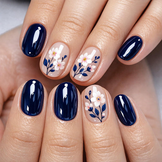 GCSQW Dark Blue Press on Nails Short Square Fake Nails with Cute Flowers Design Glossy Acrylic Nails Press ons, 24Pcs Summer Floral Stick on Nails for Women Manicure Daily Wear