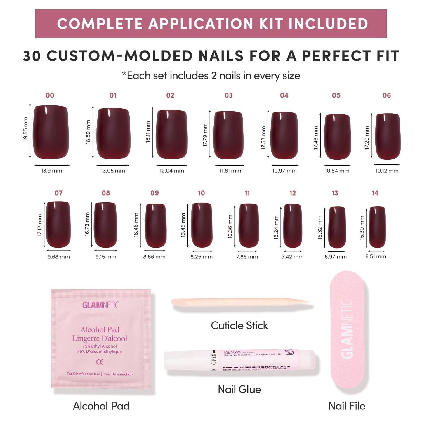 Glamnetic Press-On Nails Bundle - Cherry Mocha & Red Bottom | Dark Red Medium Square Fake Nails with a Glossy Finish | Red Accent Dual Side Medium Almond Fake Nails | Durable, Salon-Quality Nail Kits
