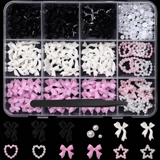 Bow Nail Charms 3D Resin Pink White Black Nail Gems Cute Silver Pearl Beads Nail Jewels Shiny Star Hearts Bowknot Nail Art Supplies for Women DIY Acrylic Nail with Tweezers 12 Grids 1 Box 12 Styles
