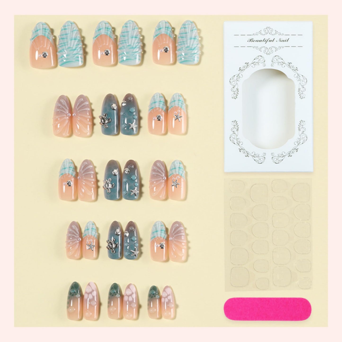 Medium Press on Nails Almond Fake Nails Blue Artificial Nail Ocean Shell French Tips Sea Wave Pearl Starfish Charms Glossy Summer Beach Salon Style Stick on Nail for Women 24pcs