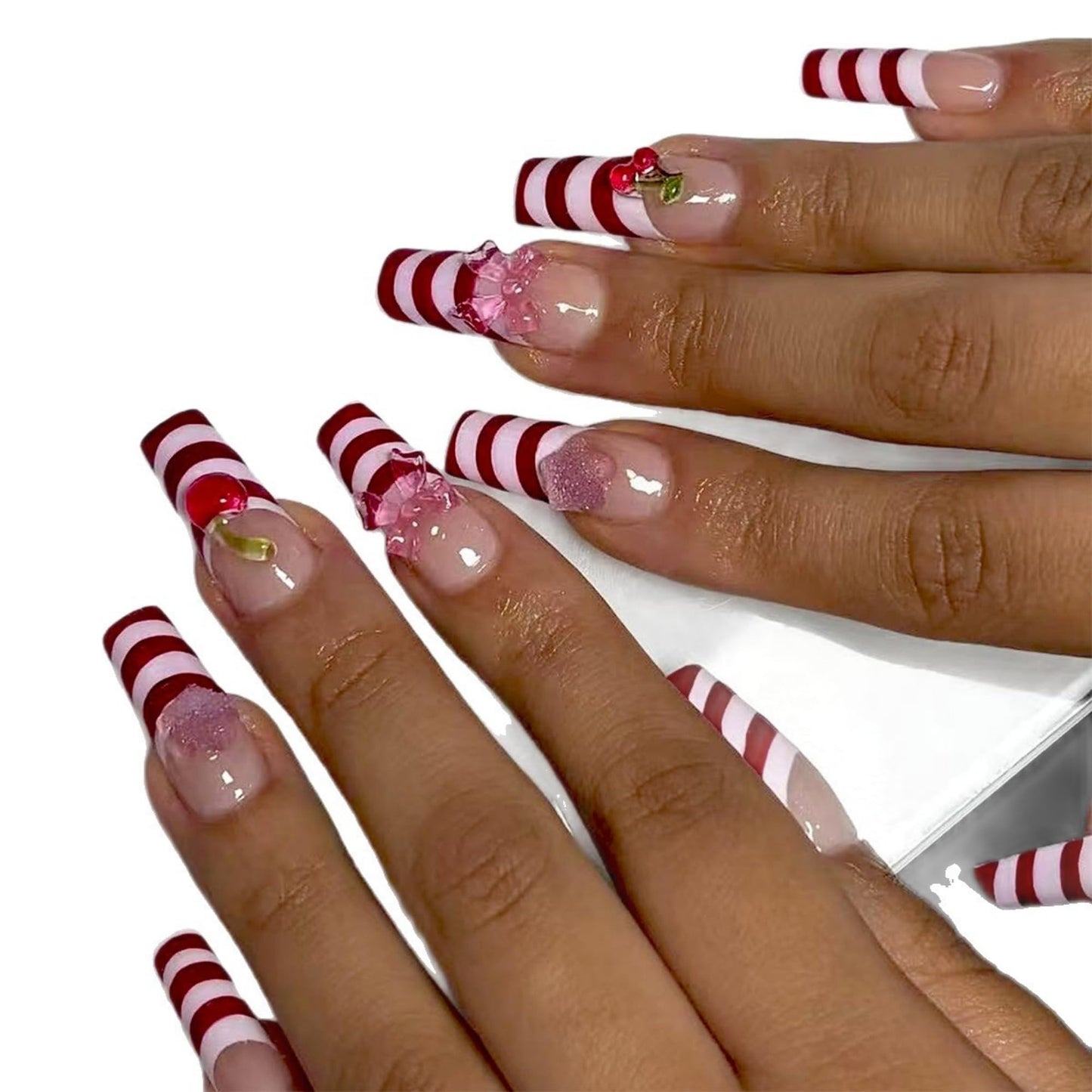 octoswave Long Square Press on Nails Red and Pink Striped French Tip with 3D Cherry Bow Designs Sweet Coquette Style Acrylic False Nails for Women Parties 24Pcs