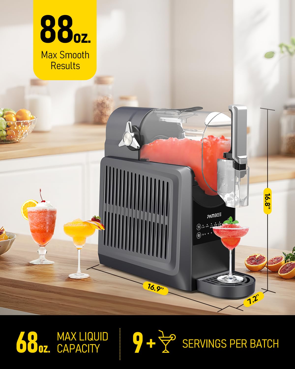 PAMBEE 88oz Slushie Machine, No Ice Needed Frozen Drink Maker for Home, Self-Cleaning, 5 Preset Menus & 5 Temp Settings Slushy Machine for Margarita, Frappés, Milkshakes and More