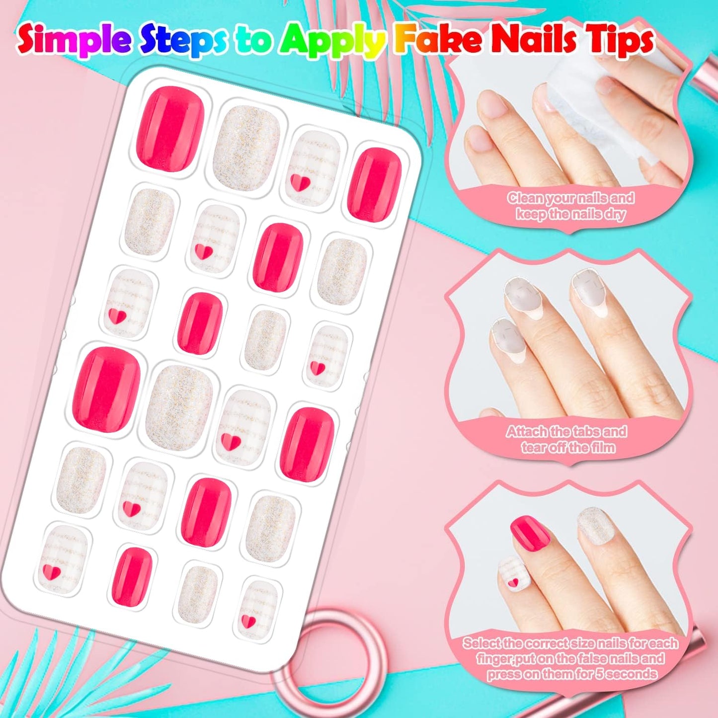 144 Pieces Fake Nails for Kids Girls Artificial Kids Press on Nails Full Cover Short Acrylic Stick On Nails False Nail Tips Kit for Children Little Girls Nail Art Decoration (Sweet Pattern)