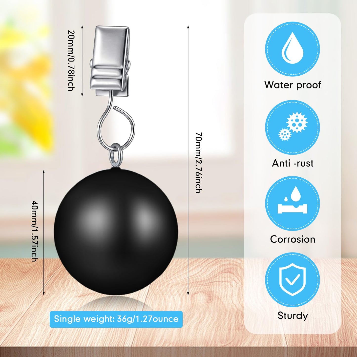 Cinnvoice 4 Pack Heavy Duty Curtain Weights Heavy Tablecloth Weights Ball with Metal Clip for Outdoor Tables Shower Curtain Flag (Black)