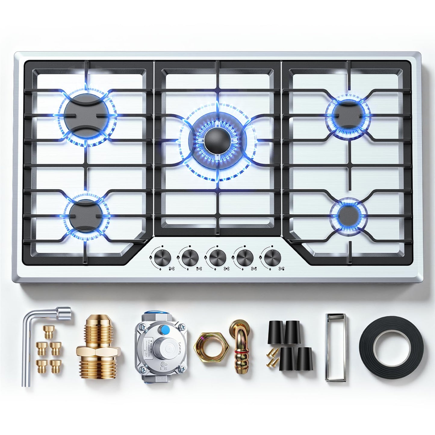Gas Cooktop 36 Inch ROVLEP, Gas Stove Top Built-in 5 Burners Stainless Steel Total 37,600 BTU, NG/LPG Convertible Propane Cooktops Dual Fuel, RV Stove Top with Thermocouple Protect (36 INCH)