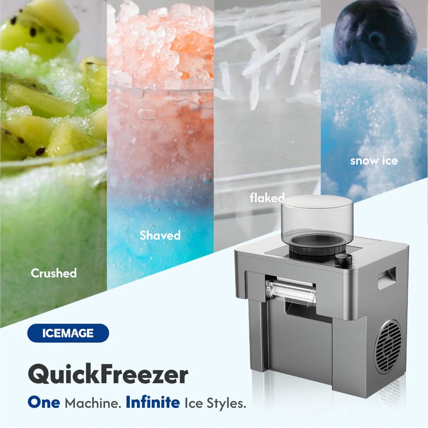 ICEMAGE Shaved Ice Machine, 60s Fast Slushie & Snow Cone Maker for Home, No Pre-Freezing, 15 Textures, All-Drink Compatible, 50dB Quiet, One-Touch Self-Cleaning, Compact for Parties & RVs