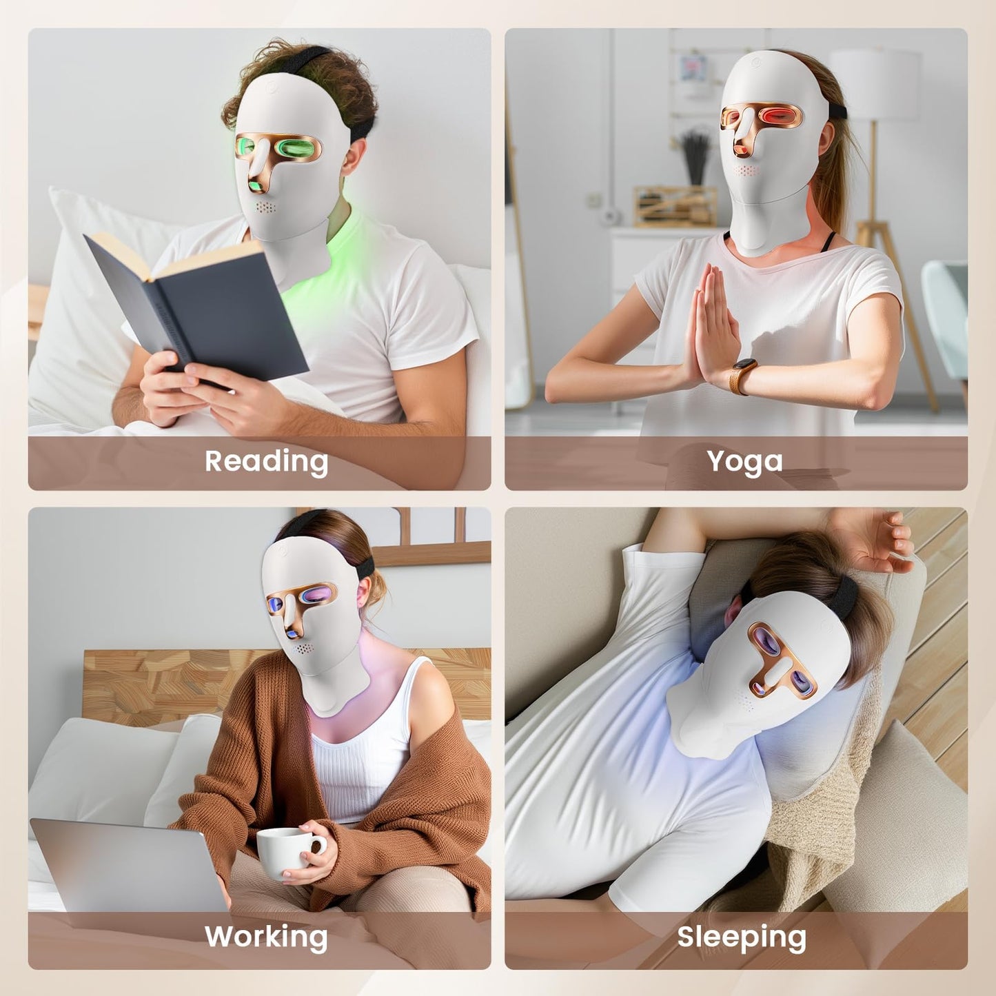 tinkoola Red Light Therapy Mask for Face & Neck, LED Face Light Therapy,USB C Rechargeable,Infrared Mask for Home Working Travel Yoga (White Gold)