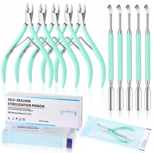 Lothee 10 Pack Cuticle Trimmer with Pusher 200 Self Sealing Sterilization Pouches, Professional Stainless Steel Cuticle Nipper Remover Cutter Manicure Tool Kit for Home Salon Nail Care(Mint Green)