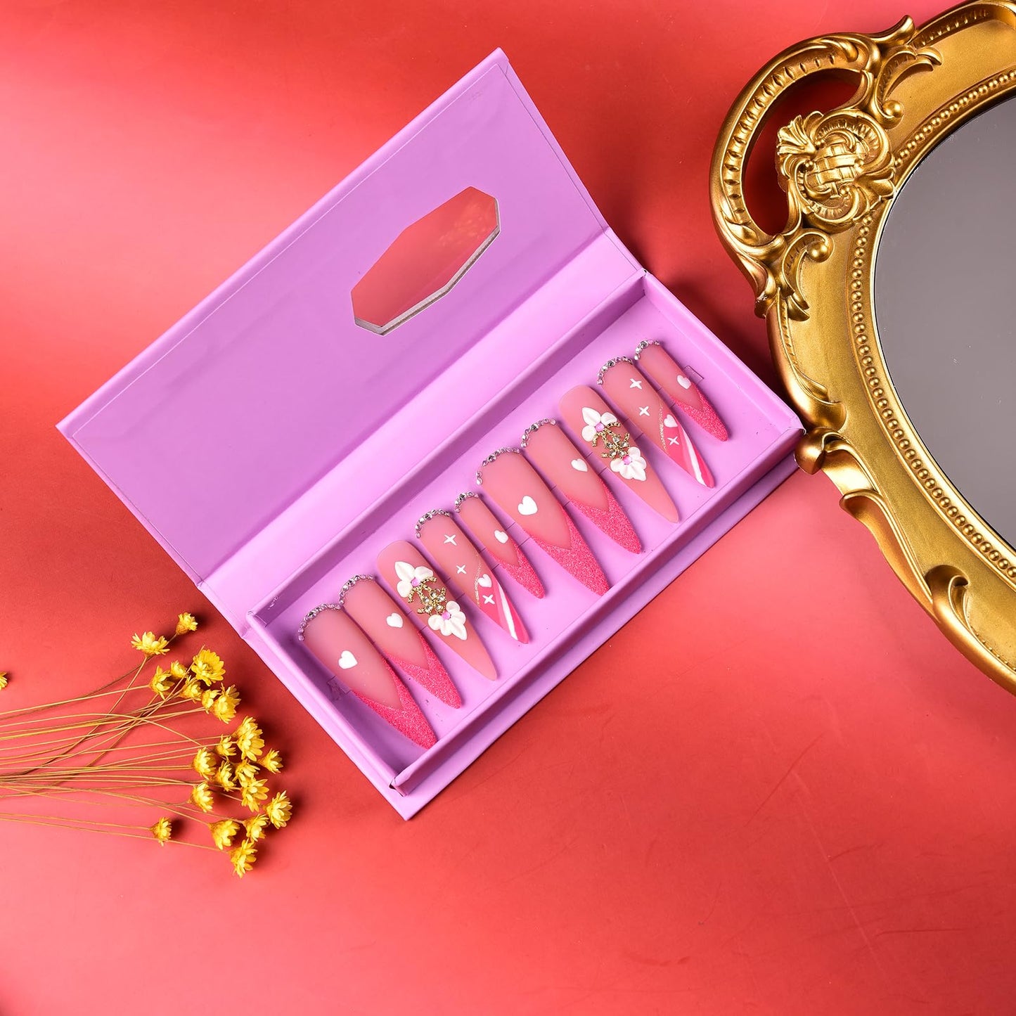 Tmani 10pc/set Extra Long Handmade Press On Nail Hot Girl's Long Ballet Nails Pointed Nail Full of Diamond Glitter Decoration Fake Nails Suitable For Girls Festival Parties and Birthday Gift (269,M)