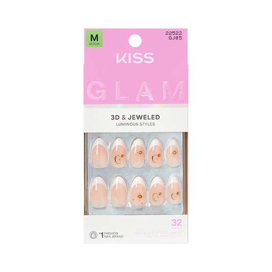 Kiss Glam, Press On Nails, Nail glue included, 'Zephyr', White, Medium Size, Almond Shape, Includes 32 Nails, 2g Glue, 1 Manicure Stick, 1 Mini File
