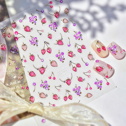 5D Embossed Fruit Nail Stickers Gold Chain Rhinestone Nail Decals Luxury Self-Adhesive Cute Fruit Y2K Nail Art Stickers for Women Girls DIY Manicure Decor, 1 Sheet