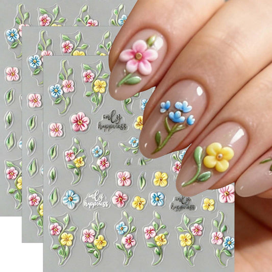 3 Sheets Flower Nail Stickers Green Leaf Nail Decals 5D Self-Adhesive Yellow Blue Pink Floral Nail Art Stickers Spring Summer Nail Decoration for Women DIY Manicure Supplies