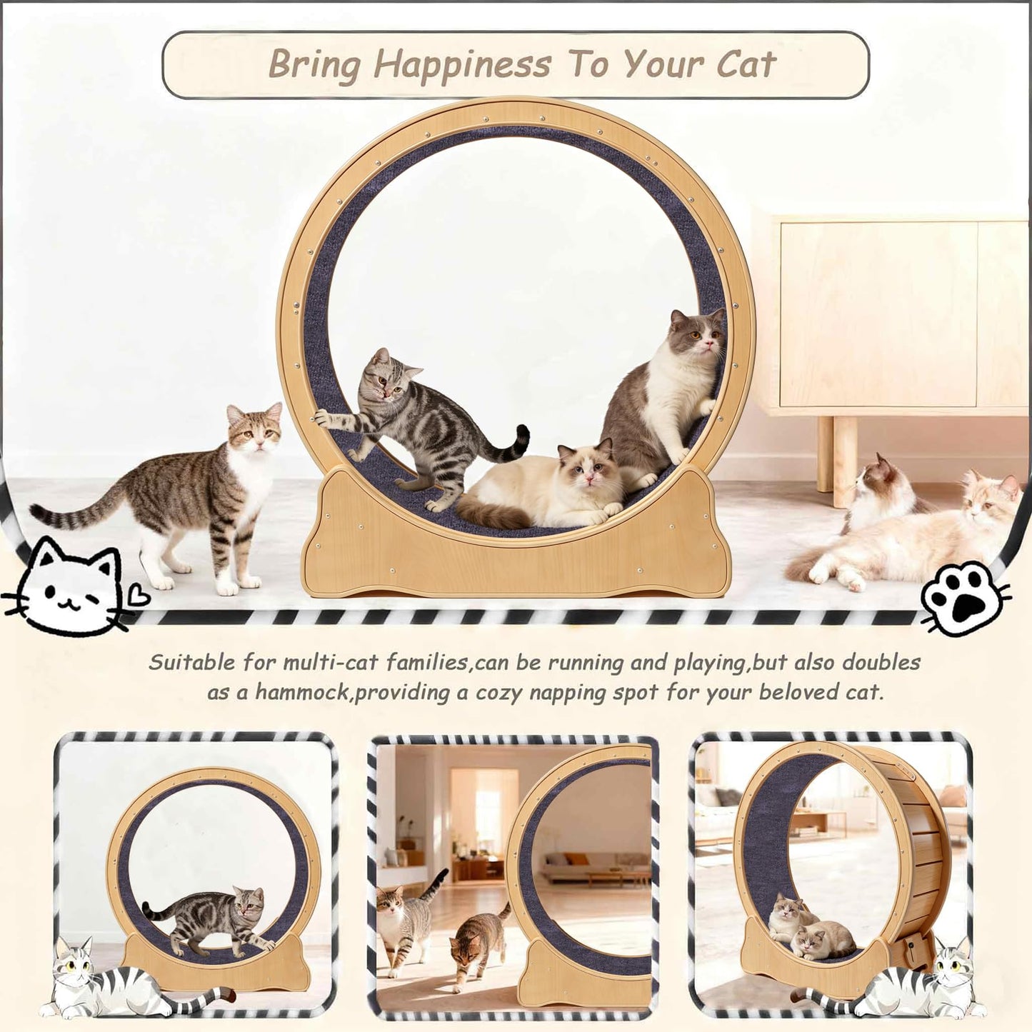 ZooVibe Cat Exercise Wheel Large - 35.4'' Wooden Treadmill for Indoor Cats with Low Noise, Safety Lock, Detachable Carpet & Eco-Friendly Design for Fitness, Weight Loss and Entertainment