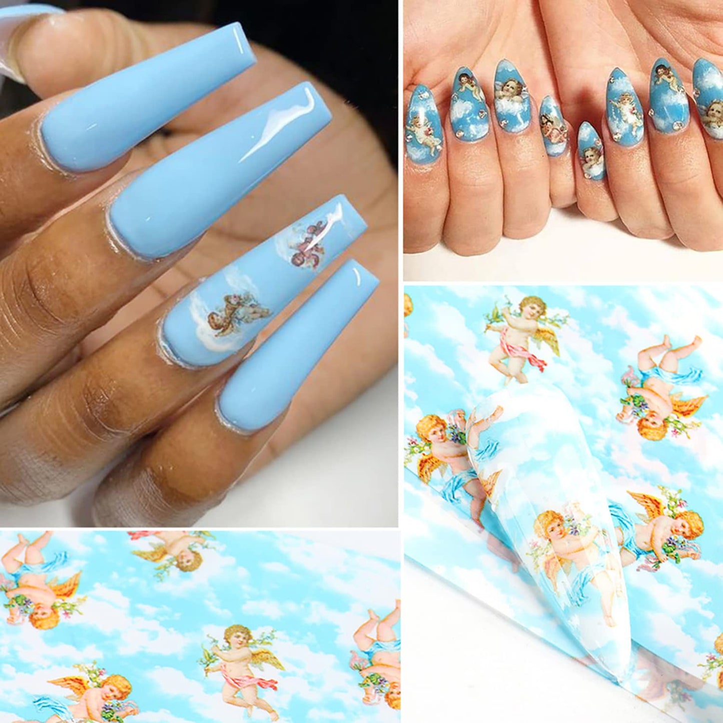 Angel Holographic Nail Foil Stickers - Sky Starry Paper Transfer Foils, Flowers Decals for Nail Transfer Glue