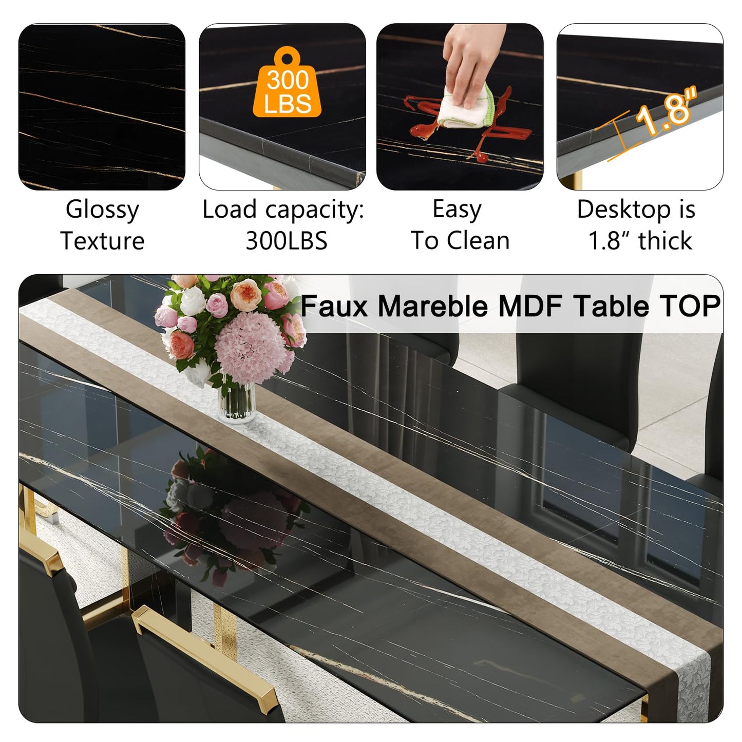 hohoedc 79'' Modern Dining Table Set for 8, Black Kitchen Table with 1.8" Thick Faux Marble Top & 8 PU Leather Chairs, Luxury Dining Room Furniture Set for Kitchen/Dinner Room