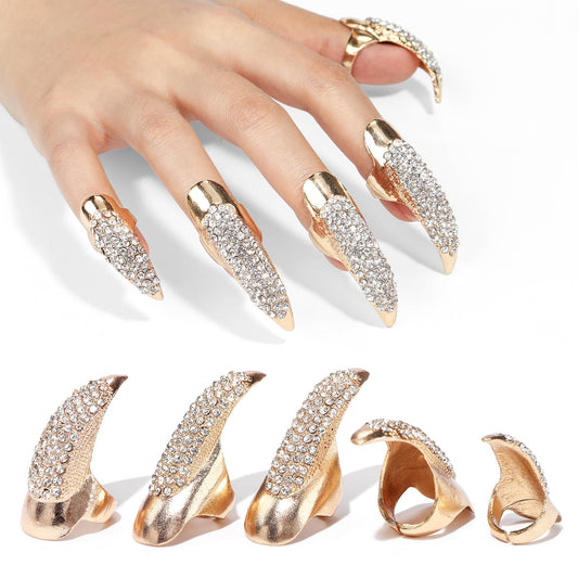 10 Pcs Gothic Punk Halloween Costume Accessories Adjustable Claws Ring Set, 3 Sizes Fake Nails Crystal Full Finger Rings for women Men Nail Art Vampire Cat Wolf Cosplay Party (Golden)