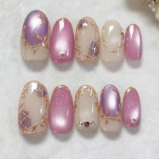 IMRAIN Almond Press on Nails, Medium Fake Nails, Vintage 3D Rose Flower Gold Outlining, 30 Pcs Reusable Glue on Nails for Women, Salon Quality