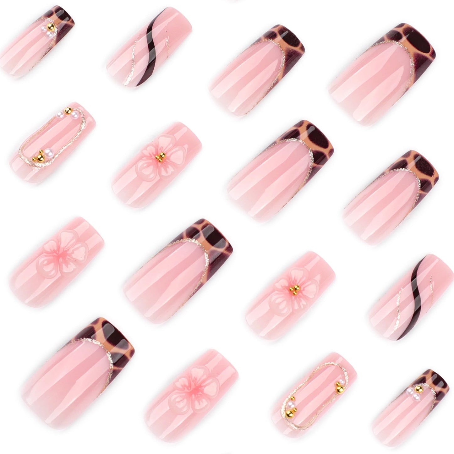CTTHNBD Press on Nails Square - Medium Fake Nails with Flower Design - Leopard Print French Tip False Nails - for Women 24 Pcs