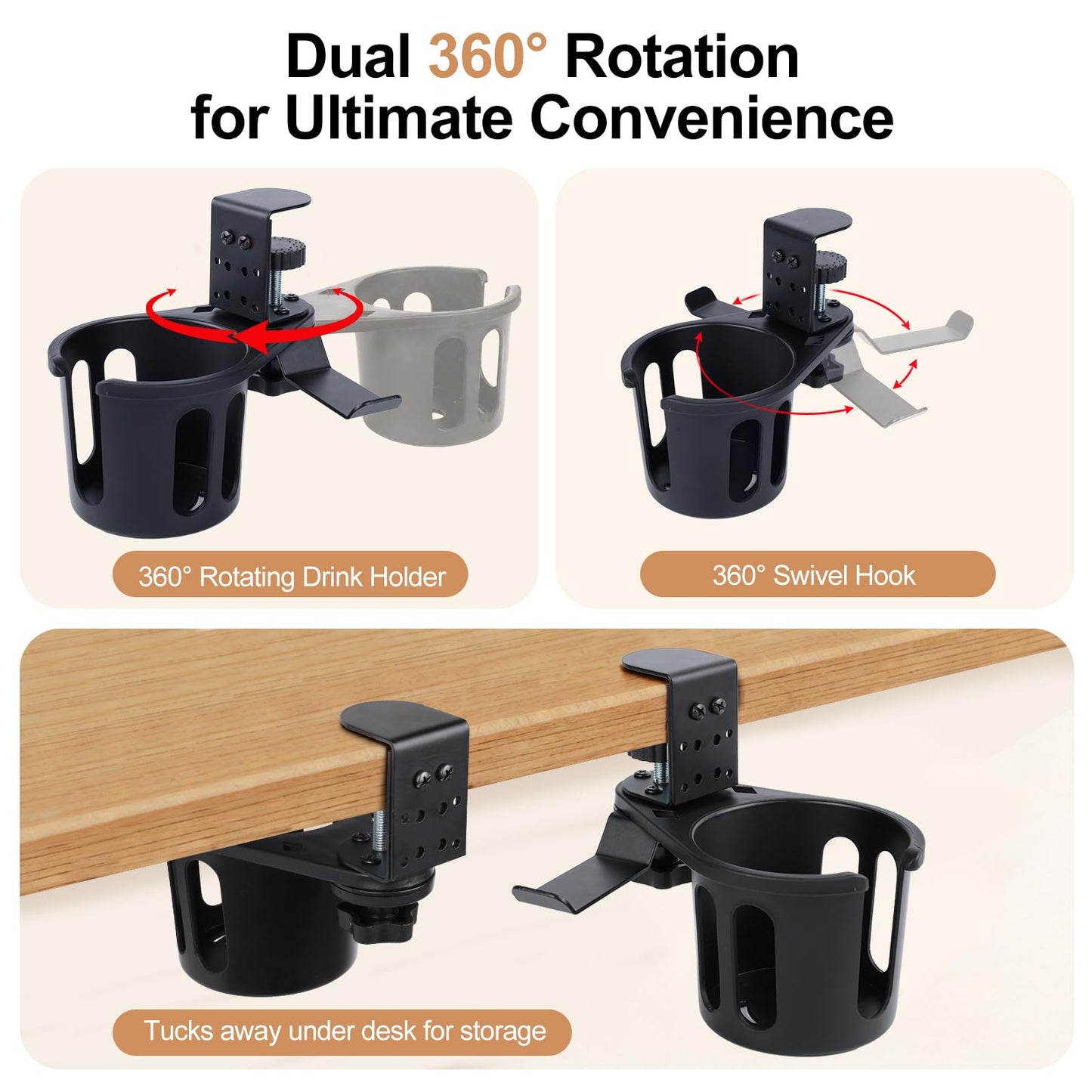 DecBeLiv 360° Rotating Cup Holder wiht Hook Under Desk Anti Spill Space Saving for Home Office Camping