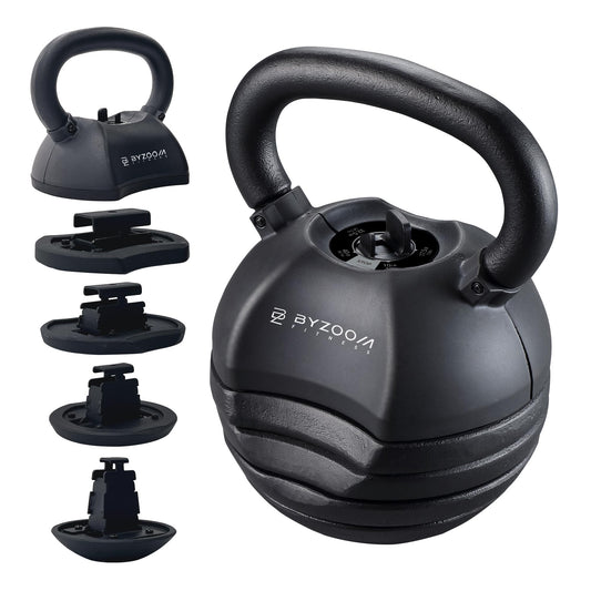 BYZOOM FITNESS Pure Series Adjustable Kettlebell 40LB - 5-IN-1 Weight Change, Patented Quick-Change Machenism, Ergonomic Curved Handle for Home Gym, Strength Training, HIIT, Black