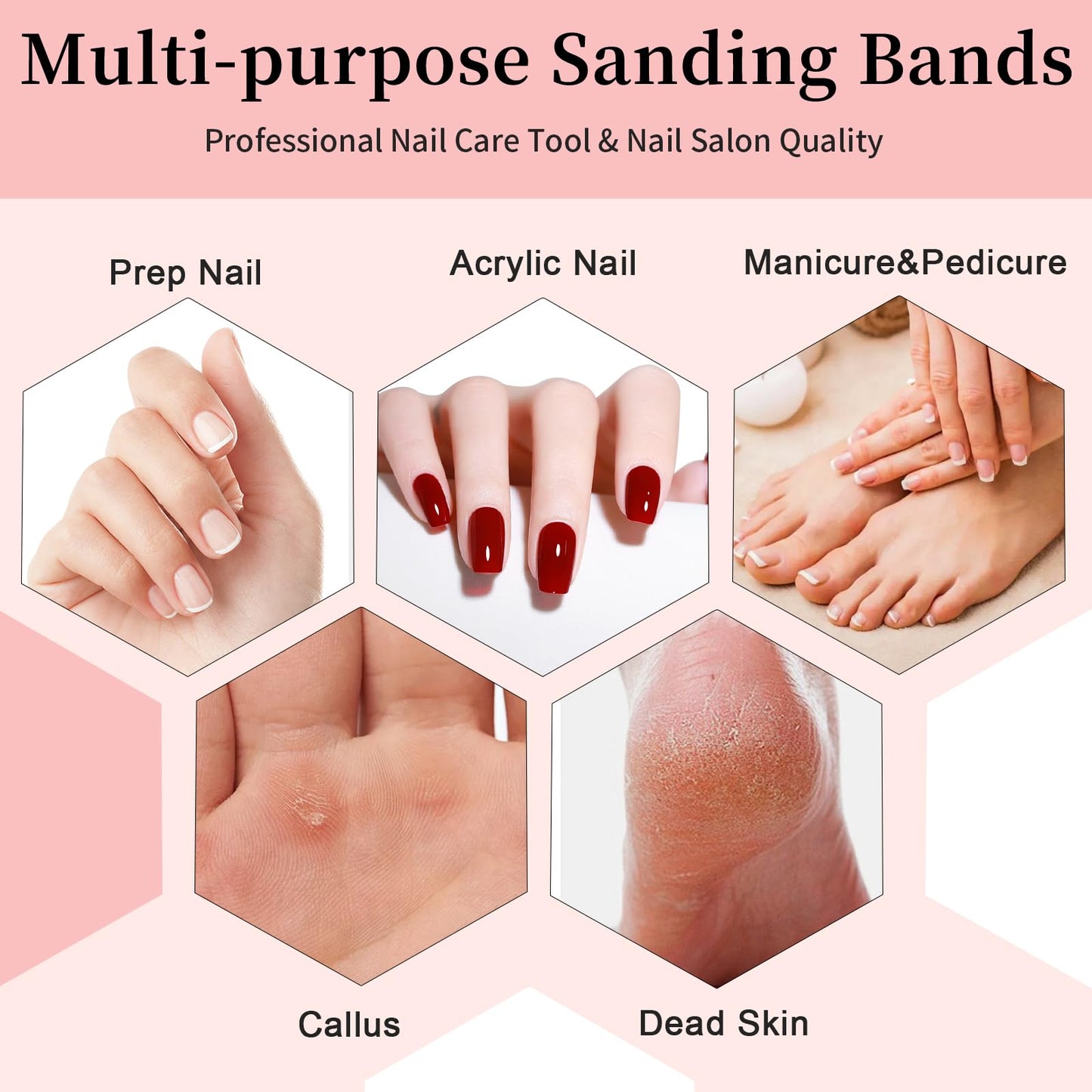 BLESWIN 500pcs Small Sanding Bands with Upgraded 3mm Mandrel Bit, 240 Grit for Acrylic Nail, Gel Nail Removing, Professional Nail Sanding Belt for Manicure and Pedicure, Pink