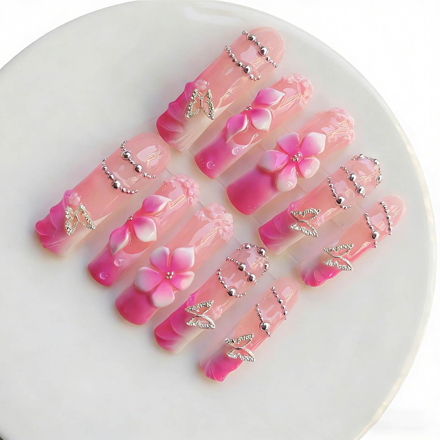 Gleamrain Pink Handmade Curve Press on Nails Long Square Shape M Size with Flower and French Tips Design for Women,Use for Prom and Party or Vacation Holiday 10pcs Pattern 03
