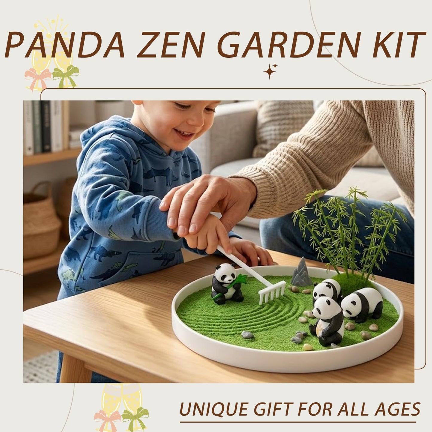 Panda Zen Garden Kit, Desktop Zen Garden,with Haystack,Rockery,Rake and Landscape Stones,for Home Office Desk Decor & Stress Relief