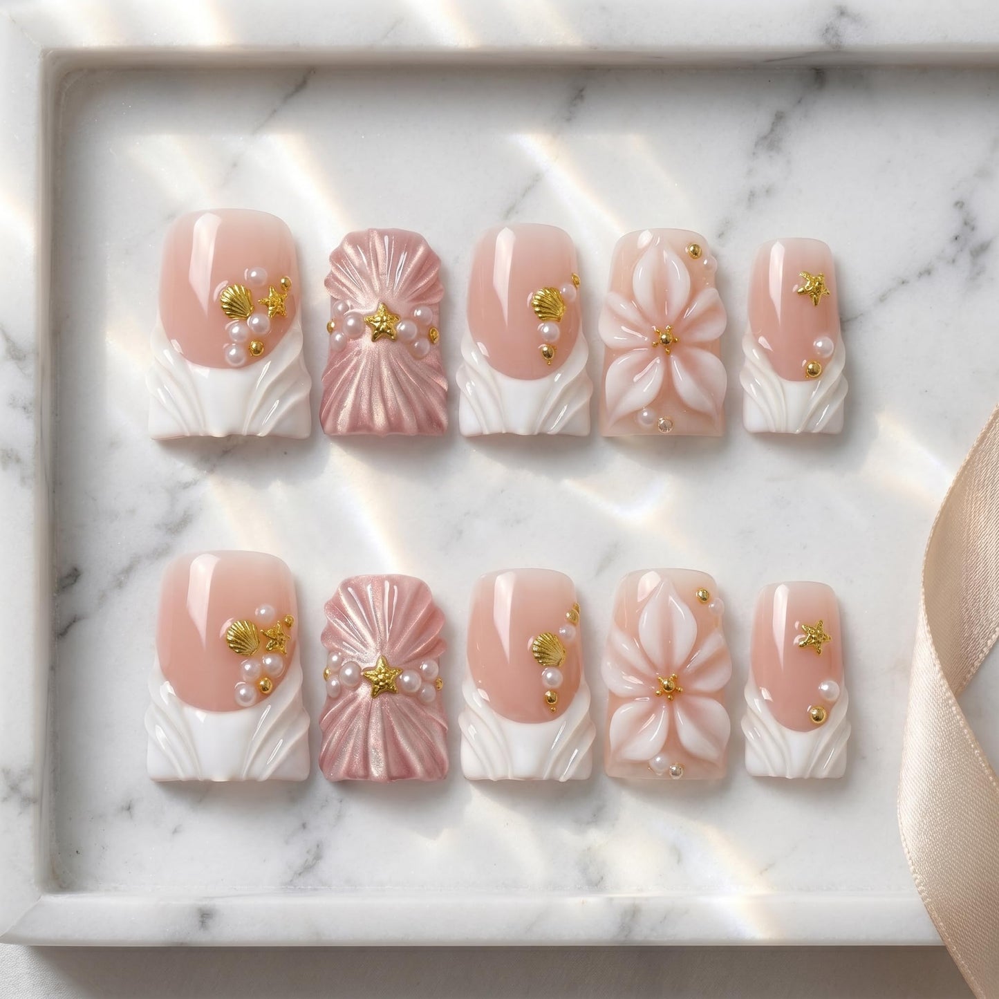 Medium Duckbill Press on Nails Luxury Handmade French Tips False Nails Summer with 3D Flower Full Cover Acrylic Nails for Women 10Pcs
