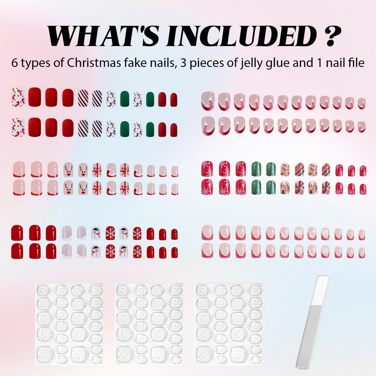 144 Pcs 6 Styles Christmas Press on Nails Kit Short Fake Nails Xmas Tree Snowflake Elk Santa's Hat Designs French Tip Sparkly Acrylic Nails Full Cover Glitter False Nail Set for Women Nail Art DIY