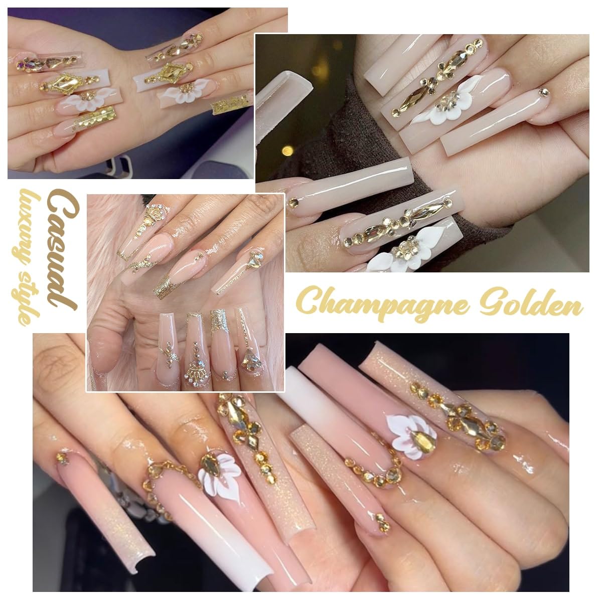 qiipii 24 Styles Champagne Gold Nail Rhinestones Multi Shapes K9 Glass Flatback Crystals Gems Round Beads Stones Diamonds Jewels Nail Art Charms Supplies for Nails Face Eyes Makeup Crafts Clothes