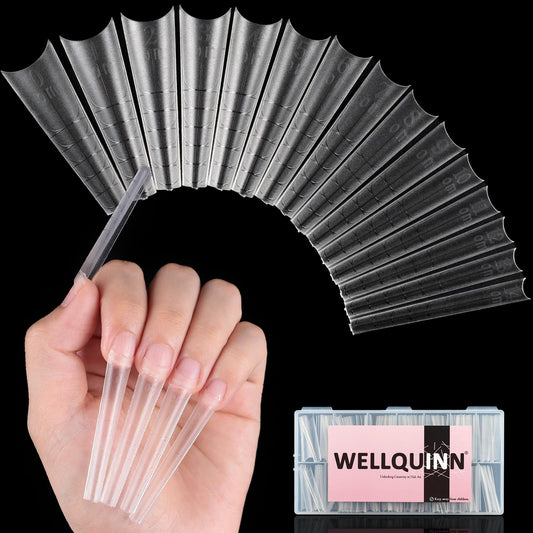 Wellquinn 5cm Shallow Cover Nail Tips, D-Arc at the Stress Area, C-Arc Sculpted, Straight Coffin Shape, Can be Filed into Almond Shape, 150Pcs 15 Sizes with Auxiliary Lines