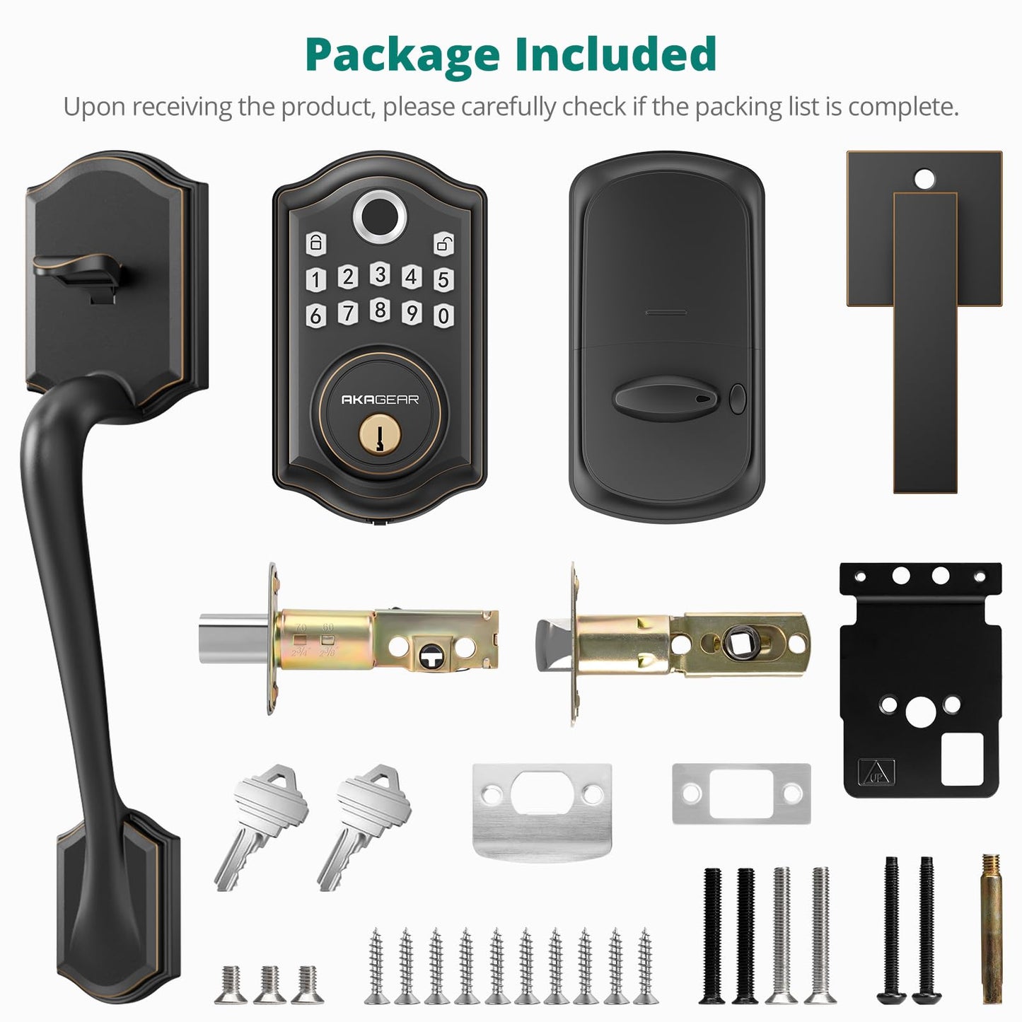 AkaGear DS10 Keyless Entry Door Lock with Handle Set - Fingerprint Deadbolt, Electronic Keypad Deadbolt, Smart Locks for Front Door, Auto-Lock & One Touch Locking - Oil Rubbed Bronze