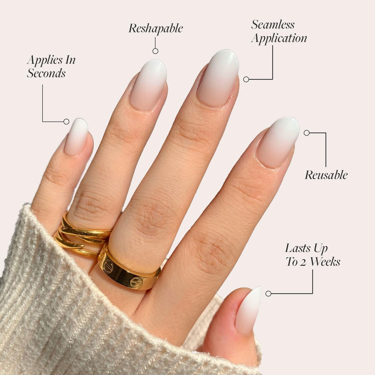Glamnetic Press On Nails - Creamer | UV Finish Neutral Ombre Short Round Fake Nails, Salon Quality | 15 Sizes - 30 Nail Kit with Glue