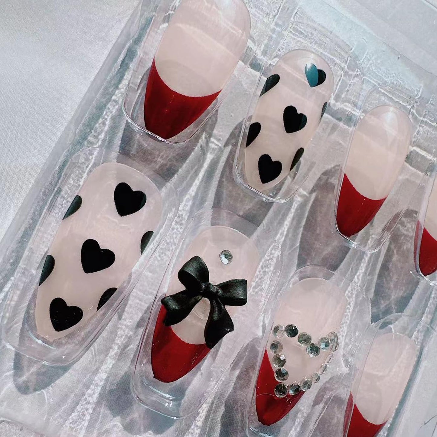Wine Red French Press on Nails Medium Length Rhinestone Fake Nails Heart Bow Bling Glossy Artificial Nails Acrylic Glue on Nails Natural Stick on Nails for Women 24Pcs Medium French Nails
