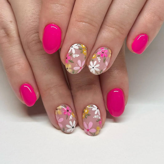 Floral Medium Oval Press on Nails Neon Pink Base Pastel Multi-color Floral Accents Glossy Finish Reusable Spring Nails Easy Fashion Party Wear Durable Trendy Women Girls Nail Art 24 Pcs
