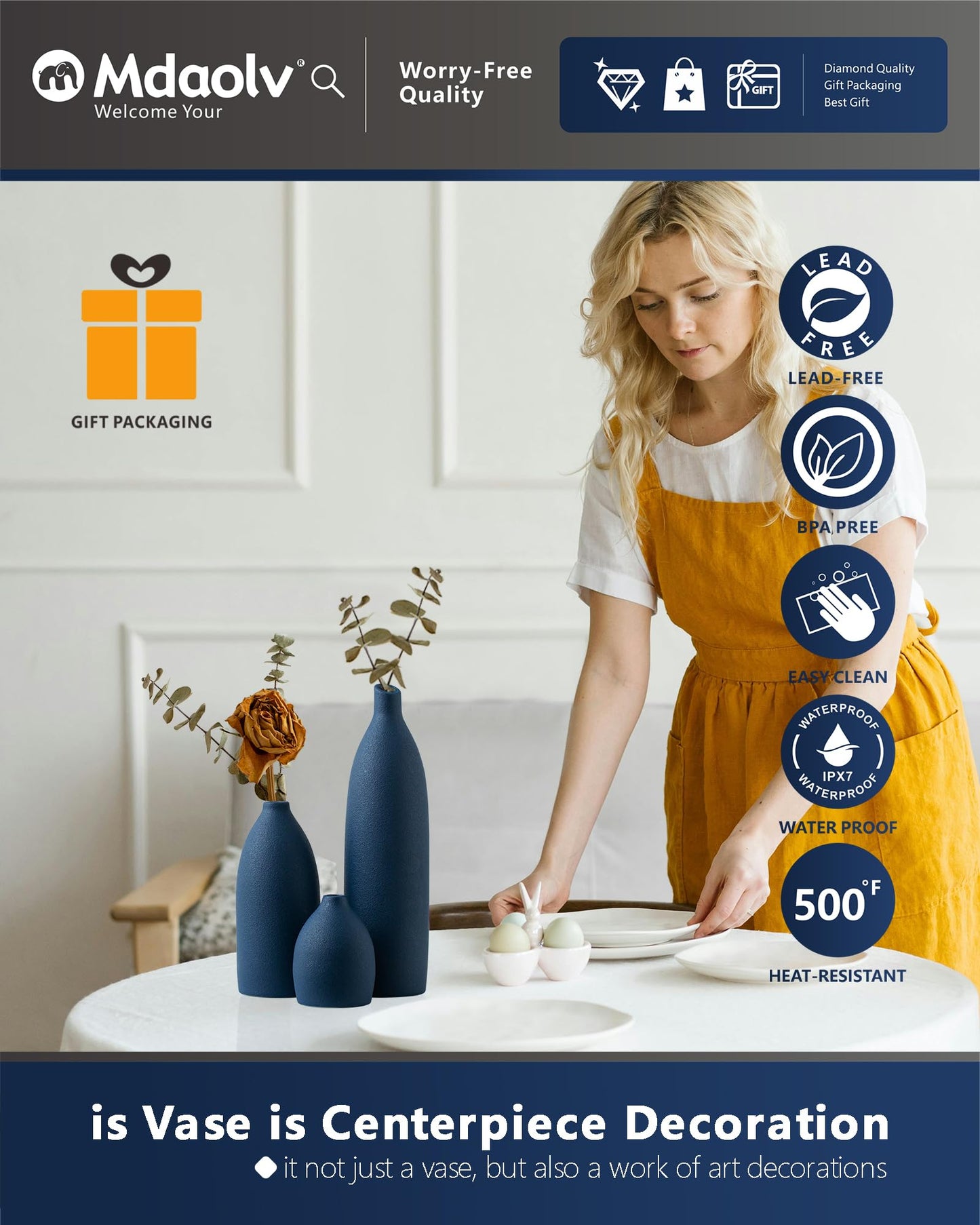 Mdaolv Matte Blue Vase Set Navy Blue Decor Coastal Decor Vases for Kitchen Island Living Room Office Table Fireplace Mantle Decorations & Bathroom Shelf Decor Centerpiece Table Decorations Ceramic