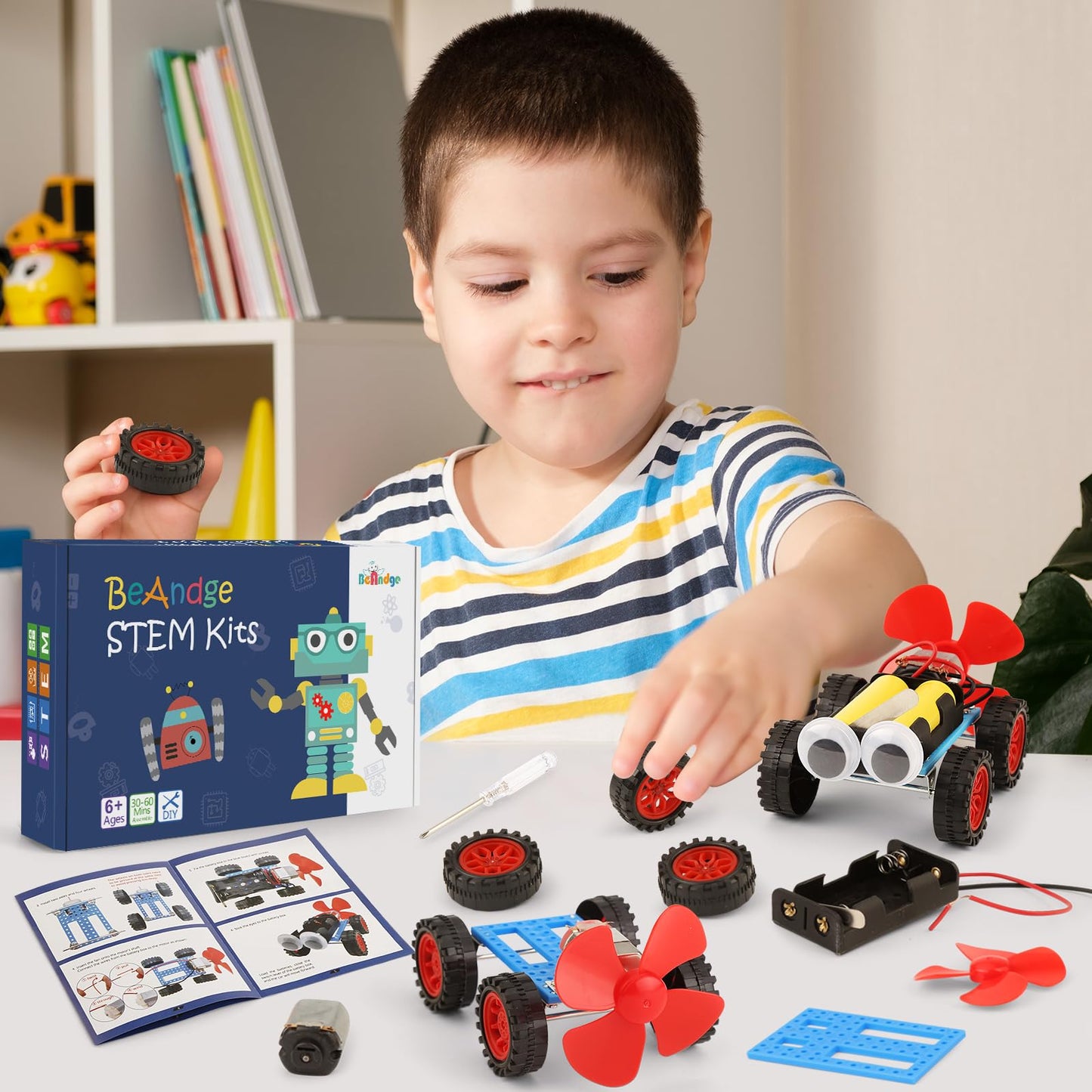 5 Set Individual STEM Kit for Kids, 2nd Grade Boy Toys Bulk Gifts, 1st First Graders Boys Gift Ideas, Classroom Science Kits Craft Projects Class Activity, Robot Wind Powered Car Building Activities