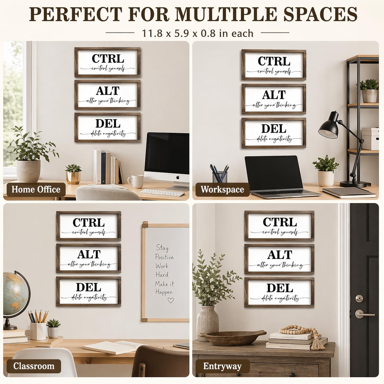 Pinetree Art Motivational Wall Decor for Office, Set of 3 Rustic Wooden Framed Signs, CTRL ALT DEL Inspirational Wall Art for Home Office, Classroom, Desk Wall, Positive Mindset Decor, (6"x12"x3)