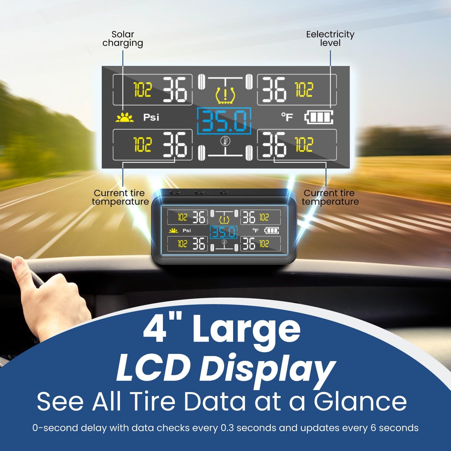 RV Tire Pressure Monitoring Systems with 4-inch LCD Screen, Wireless TPMS w/ 4 Sensors & 6 Alarm Modes, 0-144 PSI ±1.5PSI, Solar/USB Charging, for RV Trailer Truck - with 4 Tire Valve Stem Caps