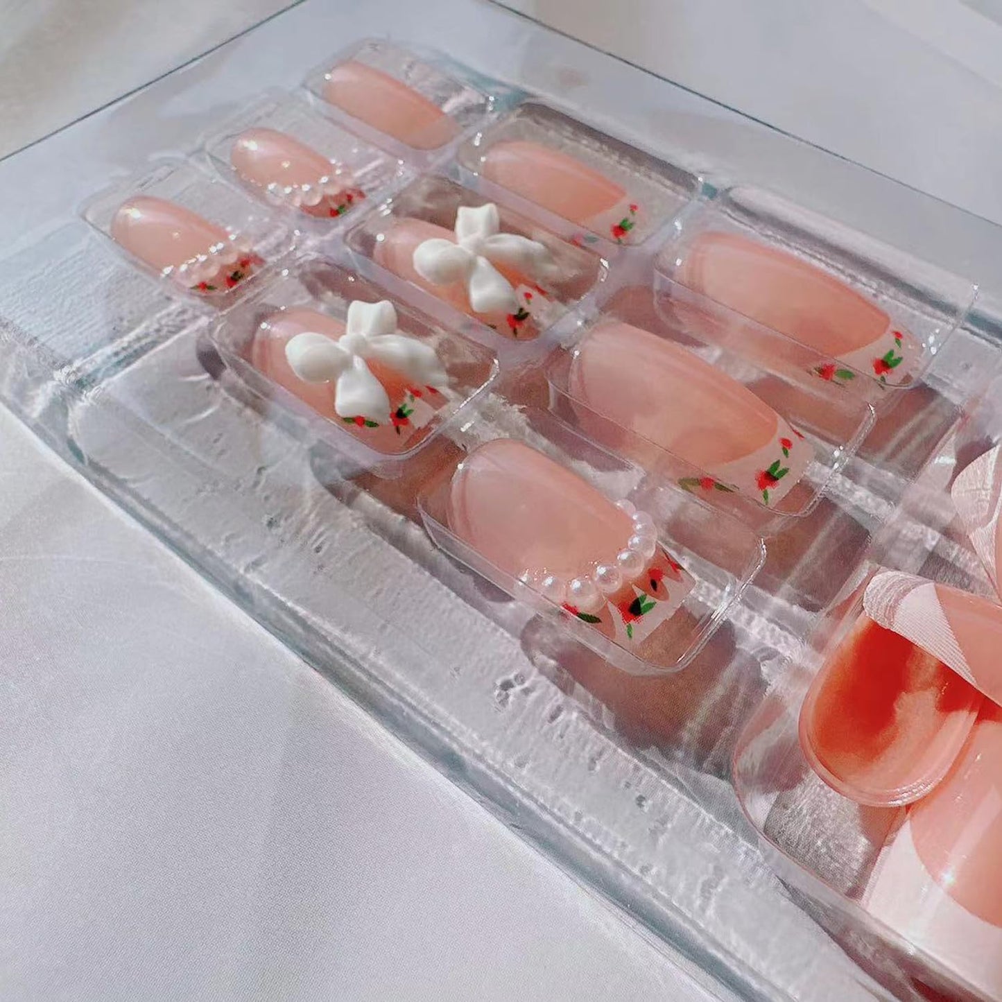 Floral French Press on Nails Cute Pink False Nails with Bow Pearl Design French Nails Press ons Cute Bow Nail Tips Stick on Nails Long Square Shape Artificial Nails Acrylic Finger Manicure for Women