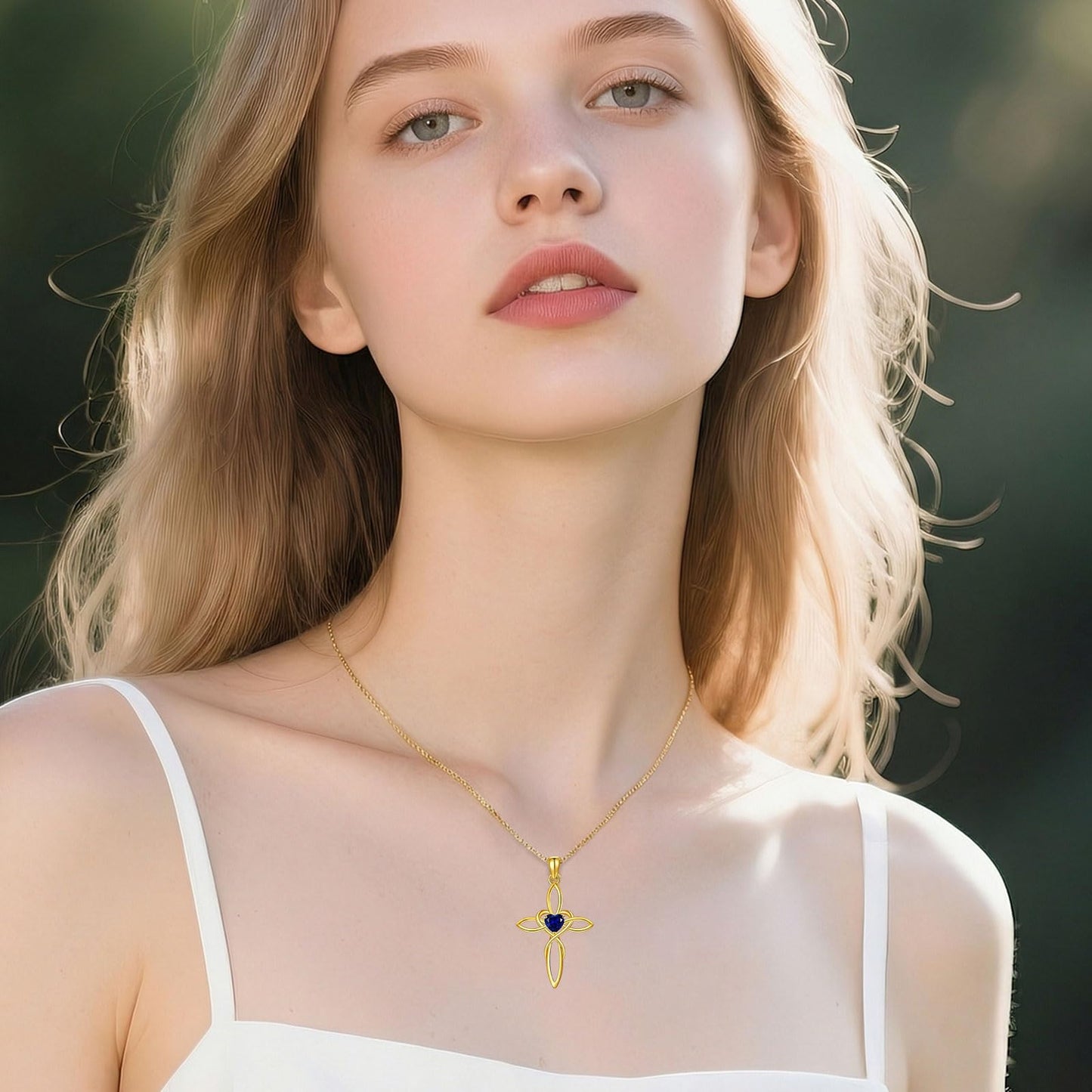 POIUY 14K Gold Celtic Knot Cross Birthstone Necklace for Women Irish Infinity Baptism Faith Heart Pendant Cross Jewelry Anniversary Valentines Birthday Mothers Day Gifts for Mom Wife Her