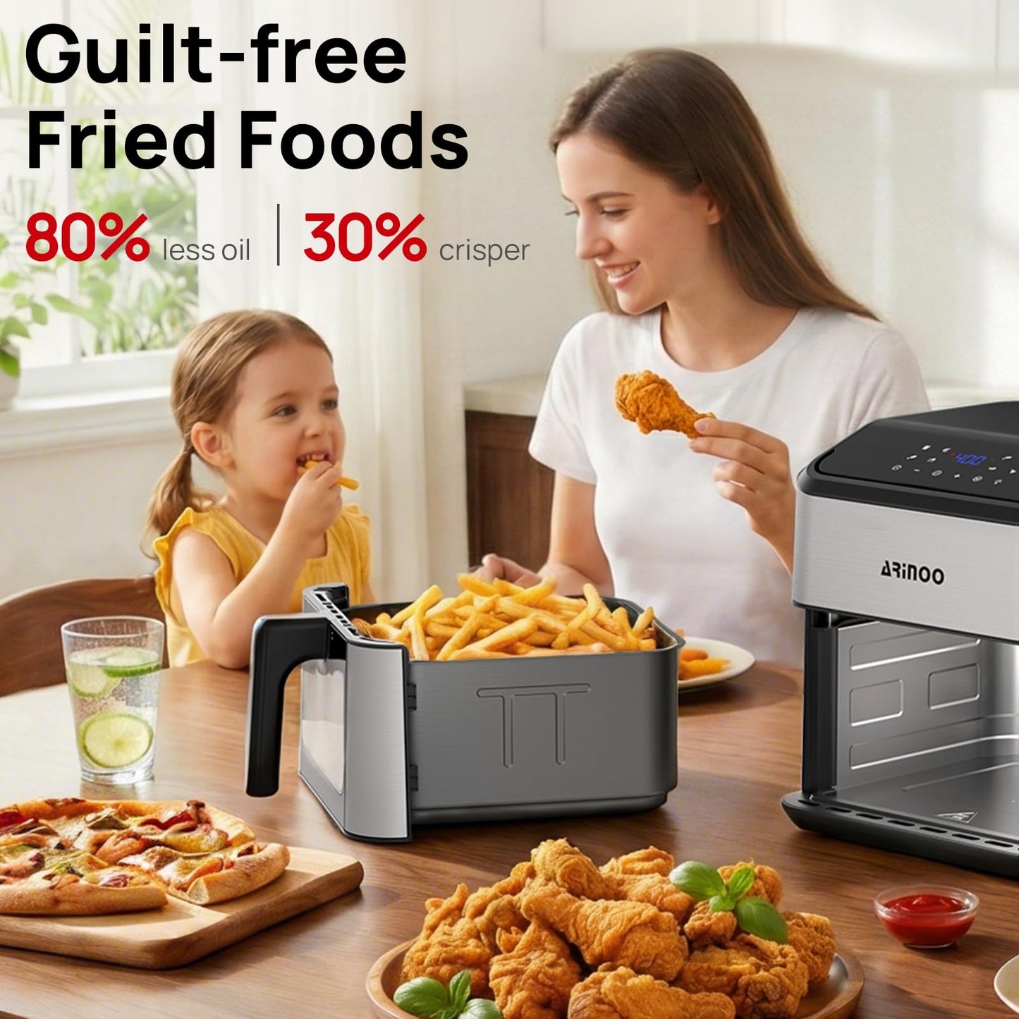 ARINOO Air Fryer Pro with Viewing Window, XL 8 Qt Family Size, 8 Presets French Fries, Chicken, Meat, Pizza, 360° Even Cooking, Recipe Book, 1500W, Nonstick Dishwasher-Safe Basket, 400°F, Black