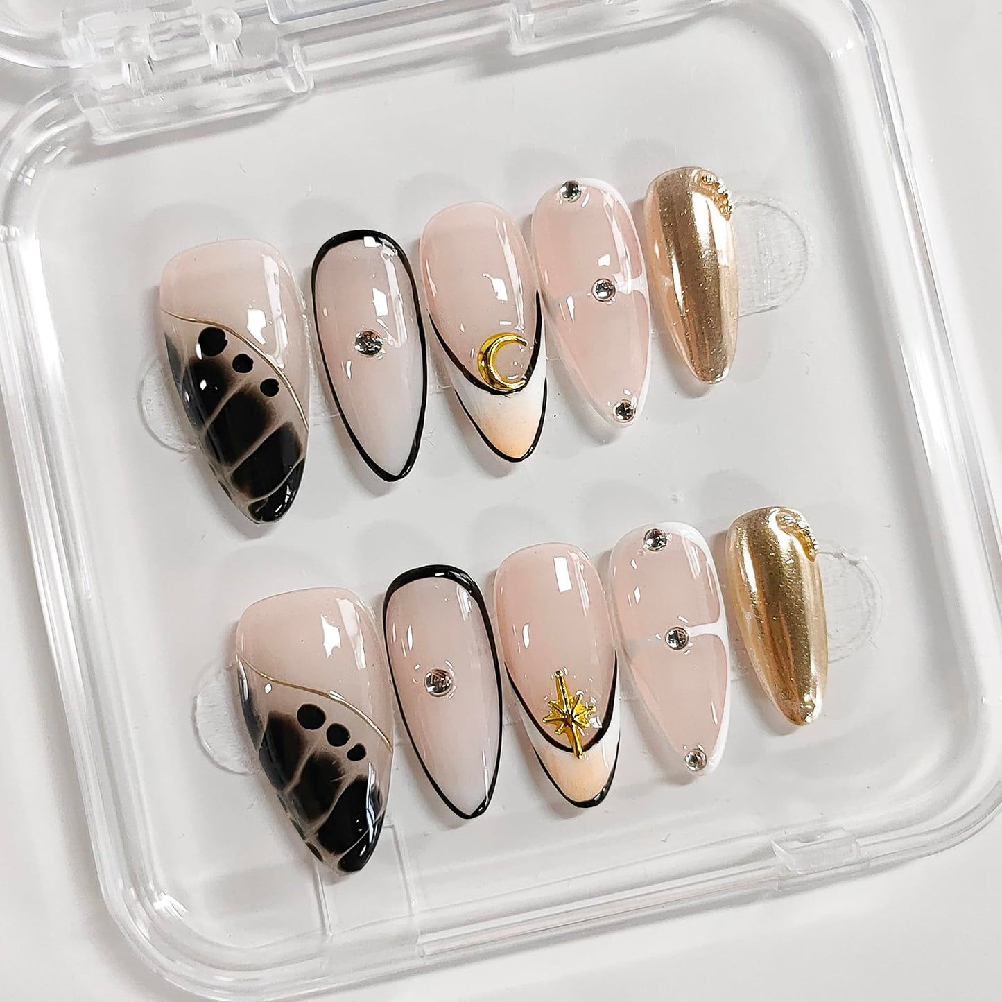Handmade Press on Nails Almond Medium 3D French Tip Thick Acrylic Fake Nails False Nails with Moon Stars Rhinestones Gold Curve Line Designs Black&White Sturdy Nail Art Press on Nails 10Pcs(S)
