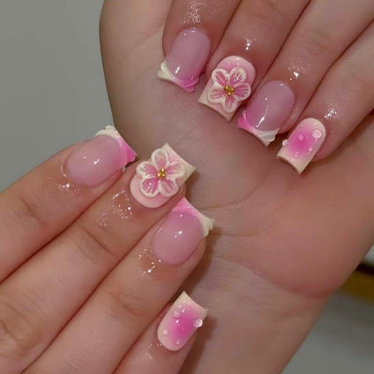 Short Press on Nails Square Fake Nails Pink Acrylic Nail Press Ons Seeneey 3D Flowers Designs Cute Stick on Nail for Women 24pcs