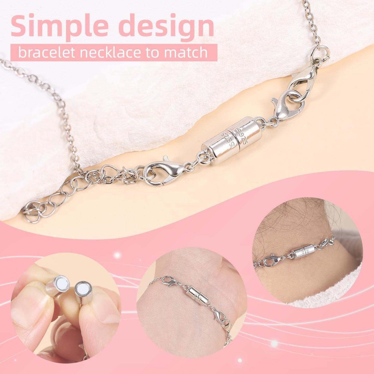 Magnetic Jewelry Clasps, 925 Sterling Silver, Strong Magnetic Closures for Necklaces and Bracelets (4pcs Silvery)