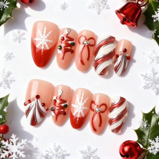 24 Pcs Christmas Press on Nails Medium Almond Fake Nails with French Snowflake and Bow Design Red White False Nails Christmas Tree Manicure Acrylic Nail Full Cover Artificial Nail for Women
